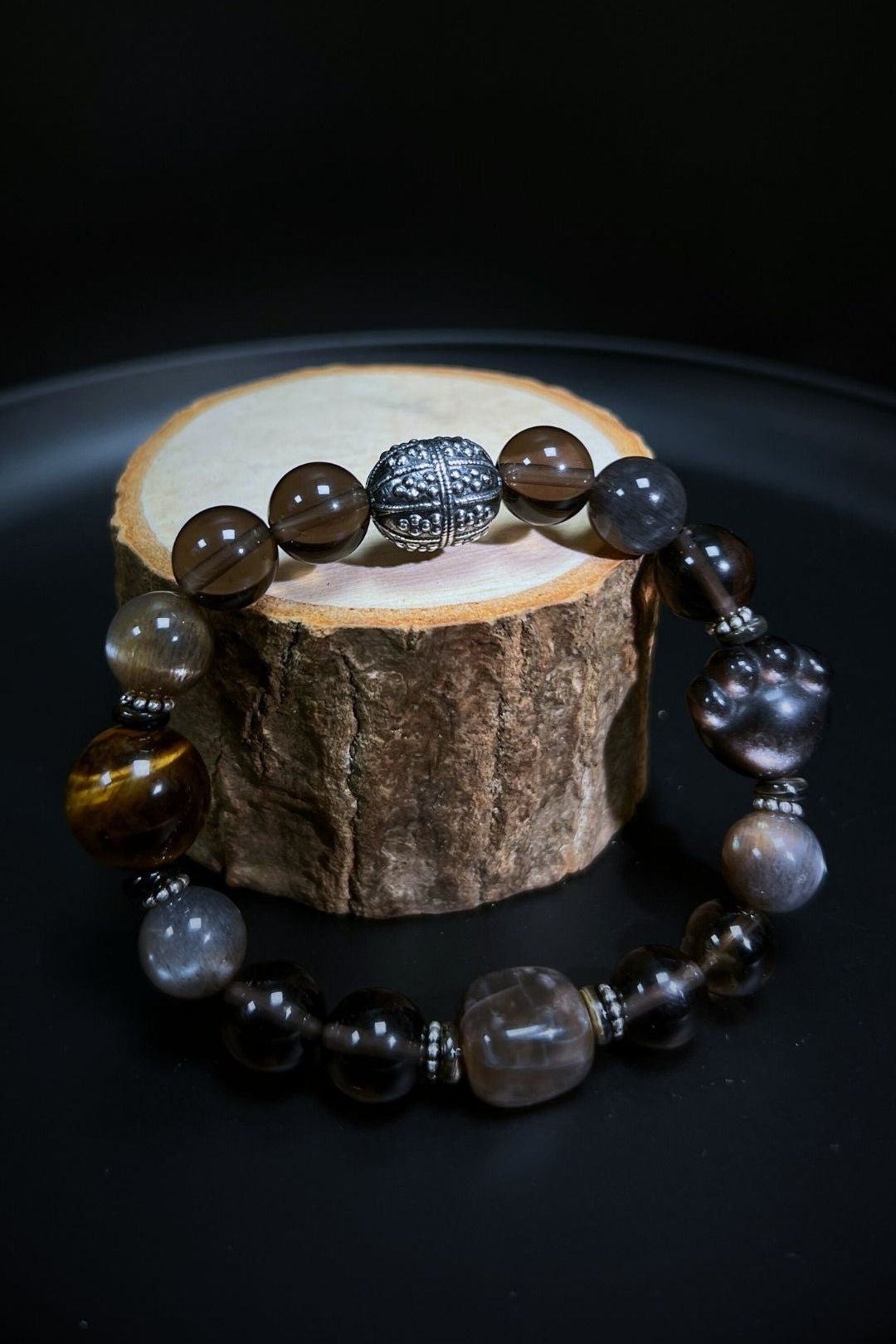 Power Bracelet – Silver Obsidian, Tiger Eye, Golden Rutile Quartz, Moonstone & Sterling Silver