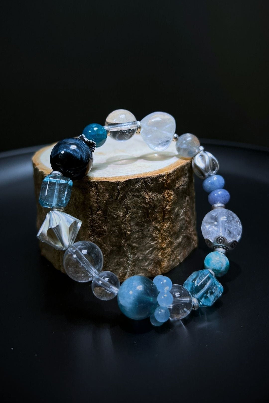 Serenity Bracelet – Blue Tiger Eye, Topaz, Jade, Aquamarine, Blue Apatite, Blue & White Moonstone, Clear Quartz & Sterling Silver