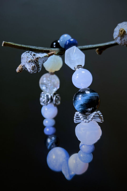 Clarity Bracelet – Blue Tiger Eye, Blue Crystal, Moonstone, Aventurine, Blue Lace Agate, Clear Quartz & 925 Vintage Silver