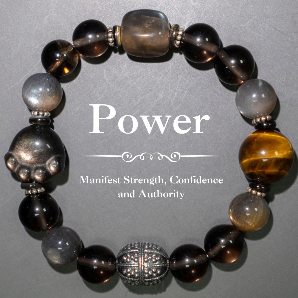 Power Bracelet – Silver Obsidian, Tiger Eye, Golden Rutile Quartz, Moonstone & Sterling Silver