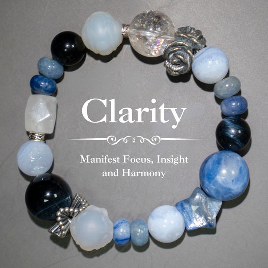Clarity Bracelet – Blue Tiger Eye, Blue Crystal, Moonstone, Aventurine, Blue Lace Agate, Clear Quartz & 925 Vintage Silver