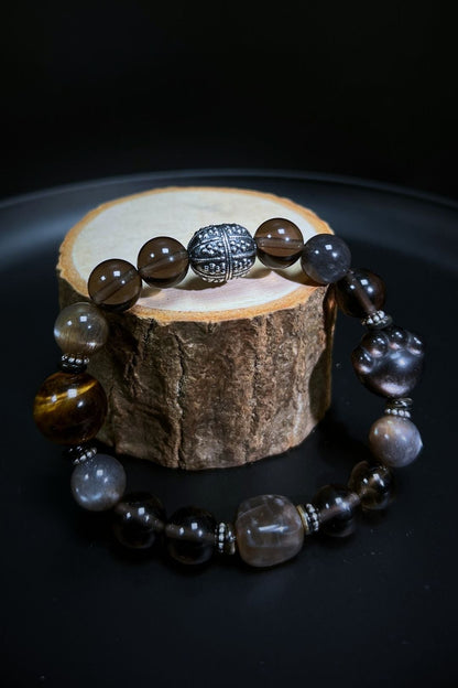 Power Bracelet – Silver Obsidian, Tiger Eye, Golden Rutile Quartz, Moonstone & Sterling Silver