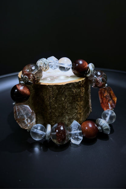 Victory Bracelet – Red Tiger Eye, Red Phantom Quartz, Cherry Blossom Agate, Clear Quartz & Sterling Silver