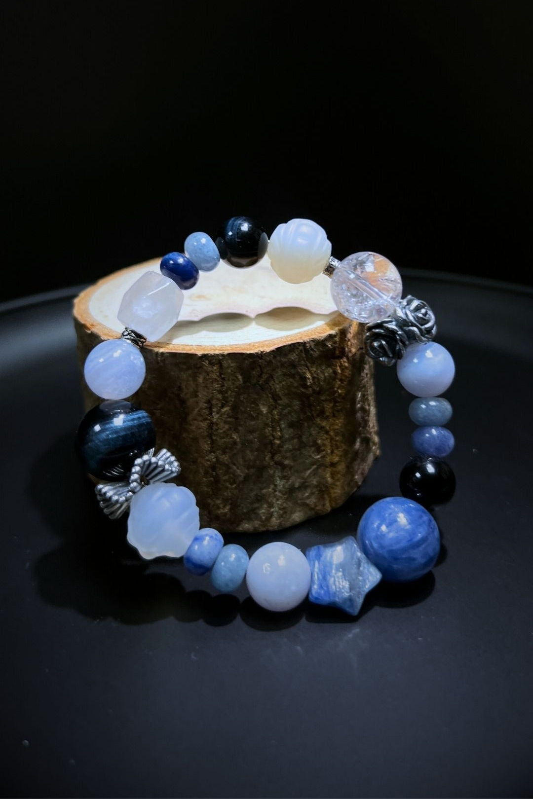 Clarity Bracelet – Blue Tiger Eye, Blue Crystal, Moonstone, Aventurine, Blue Lace Agate, Clear Quartz & 925 Vintage Silver