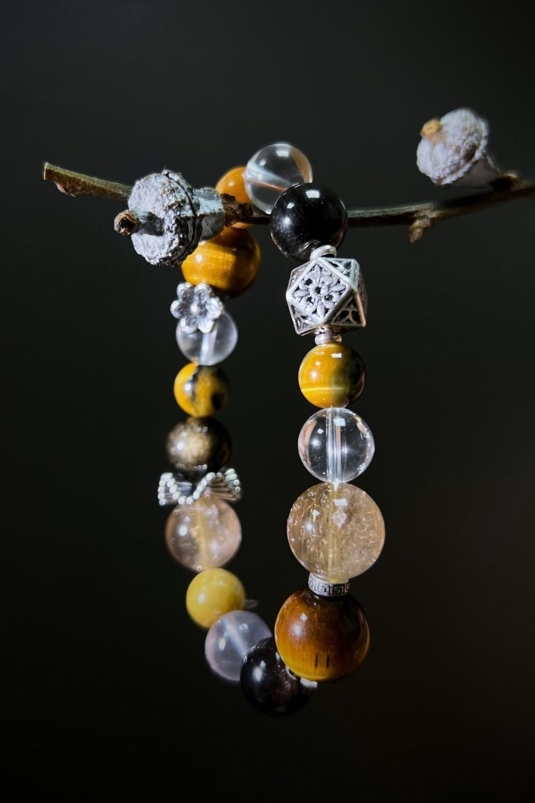 Fortune Bracelet – Amber, Tiger Eye, Citrine, Smoky Quartz, Clear Quartz & 925 Vintage Silver