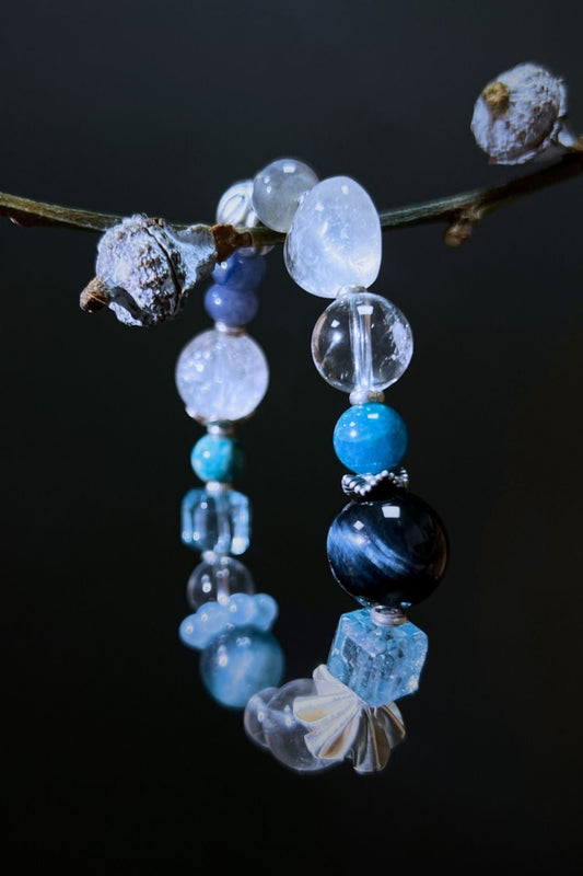 Serenity Bracelet – Blue Tiger Eye, Topaz, Jade, Aquamarine, Blue Apatite, Blue & White Moonstone, Clear Quartz & Sterling Silver