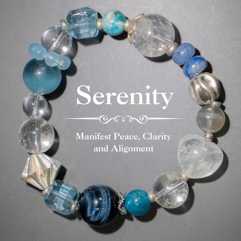 Serenity Bracelet – Blue Tiger Eye, Topaz, Jade, Aquamarine, Blue Apatite, Blue & White Moonstone, Clear Quartz & Sterling Silver